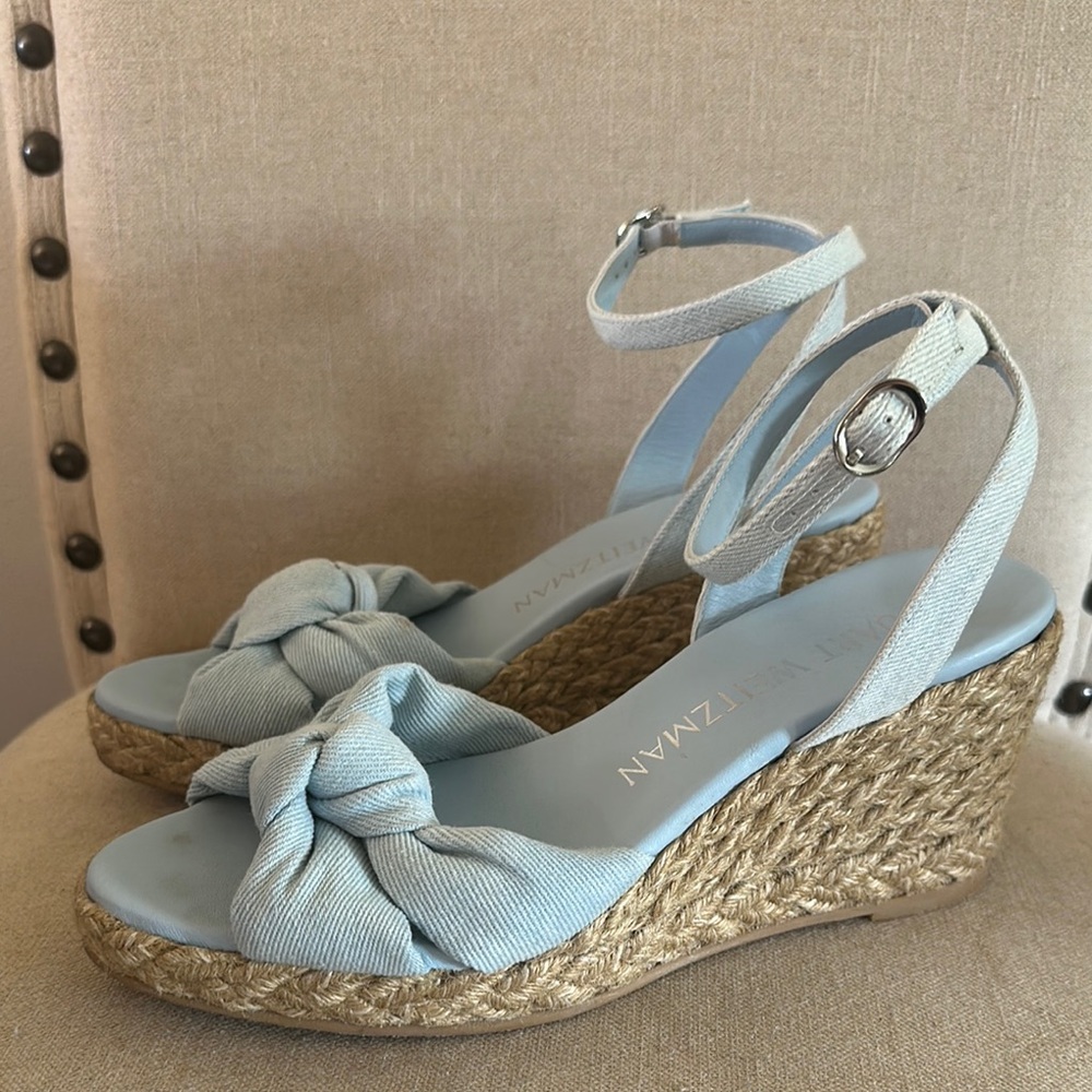 Stuart Weitzman Women’s Playa Espadrille Wedge Bow Sandals Blue Tan Size 8.5 - Picture 2 of 10